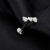 Detail View 1 of Implant Grade Titanium OneFit Threadless Triple Heart Sparkle Flat Back Stud Labret-Clear Gem