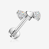 Implant Grade Titanium OneFit Threadless Triple Heart Sparkle Flat Back Stud Labret-Clear Gem