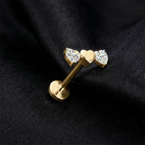 Detail View 1 of Implant Grade Titanium OneFit Threadless Golden Triple Heart Sparkle Flat Back Stud Labret-Clear Gem