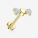 Implant Grade Titanium OneFit Threadless Golden Triple Heart Sparkle Flat Back Stud Labret-Clear Gem