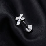 Detail View 1 of Implant Grade Titanium OneFit Threadless Sparkle Cross Flat Back Stud Labret-Clear Gem