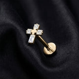 Detail View 1 of Implant Grade Titanium OneFit Threadless Golden Sparkle Cross Flat Back Stud Labret-Clear Gem