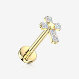 Implant Grade Titanium OneFit Threadless Golden Sparkle Cross Flat Back Stud Labret-Clear Gem