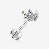 Implant Grade Titanium OneFit Threadless Triple Marquise Floral Sparkle Flat Back Stud Labret-Clear Gem