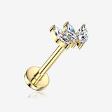 Implant Grade Titanium OneFit Threadless Golden Triple Marquise Floral Sparkle Flat Back Stud Labret-Clear Gem