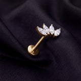 Detail View 1 of Implant Grade Titanium OneFit Threadless Golden Tetra Marquise Floral Sparkle Flat Back Stud Labret-Clear Gem