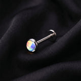 Detail View 1 of Implant Grade Titanium OneFit Threadless Iridescent Stone Top Flat Back Stud Labret-Blue