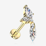 Implant Grade Titanium OneFit Threadless Golden Teardrop Spear Dangle Marquise Sparkle Flat Back Stud Labret-Clear Gem