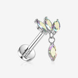 Implant Grade Titanium OneFit Threadless Triple Marquise Sparkle Dangle Flat Back Stud Labret-Aurora Borealis