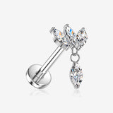 Implant Grade Titanium OneFit Threadless Triple Marquise Sparkle Dangle Flat Back Stud Labret-Clear Gem