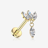 Implant Grade Titanium OneFit Threadless Golden Triple Marquise Sparkle Dangle Flat Back Stud Labret-Clear Gem