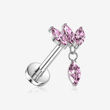 Implant Grade Titanium OneFit Threadless Triple Marquise Sparkle Dangle Flat Back Stud Labret-Pink