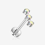 Implant Grade Titanium OneFit Threadless Triple Linear Round Gem Dangle Flat Back Stud Labret-Aurora Borealis