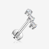 Implant Grade Titanium OneFit Threadless Triple Linear Round Gem Dangle Flat Back Stud Labret-Clear Gem