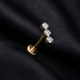 Detail View 1 of Implant Grade Titanium OneFit Threadless Golden Triple Linear Round Gem Dangle Flat Back Stud Labret-Clear Gem