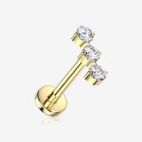 Implant Grade Titanium OneFit Threadless Golden Triple Linear Round Gem Dangle Flat Back Stud Labret-Clear Gem