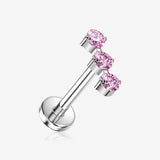 Implant Grade Titanium OneFit Threadless Triple Linear Round Gem Dangle Flat Back Stud Labret-Pink