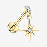 Implant Grade Titanium OneFit Threadless Golden Gem Starburst Sparkle Dangle Flat Back Stud Labret-Clear Gem