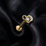 Detail View 1 of Implant Grade Titanium OneFit Threadless Golden Elegant Aura Heart Sparkle Top Flat Back Stud Labret-Clear Gem