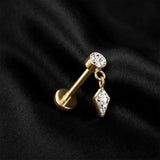 Detail View 1 of Implant Grade Titanium OneFit Threadless Golden Sparkle Gem Kite Dangle Top Flat Back Stud Labret-Clear Gem