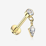 Implant Grade Titanium OneFit Threadless Golden Sparkle Gem Kite Dangle Top Flat Back Stud Labret-Clear Gem