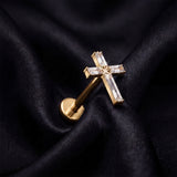 Detail View 1 of Implant Grade Titanium OneFit Threadless Golden Baguette Cross Sparkle Top Flat Back Stud Labret-Clear Gem