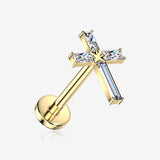 Implant Grade Titanium OneFit Threadless Golden Baguette Cross Sparkle Top Flat Back Stud Labret-Clear Gem