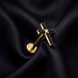 Detail View 1 of Implant Grade Titanium OneFit Threadless Golden Baguette Cross Sparkle Top Flat Back Stud Labret-Black