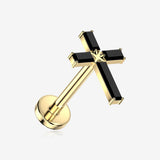 Implant Grade Titanium OneFit Threadless Golden Baguette Cross Sparkle Top Flat Back Stud Labret-Black