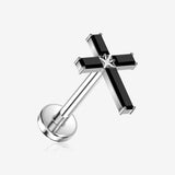 Implant Grade Titanium OneFit Threadless Baguette Cross Sparkle Top Flat Back Stud Labret-Black