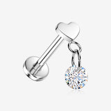 Implant Grade Titanium OneFit Threadless Dainty Heart Dangle Gem Top Flat Back Stud Labret-Clear Gem