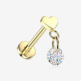 Implant Grade Titanium OneFit Threadless Golden Dainty Heart Dangle Gem Top Flat Back Stud Labret-Clear Gem
