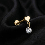 Detail View 1 of Implant Grade Titanium OneFit Threadless Golden Dainty Heart Dangle Gem Top Flat Back Stud Labret-Clear Gem