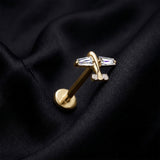 Detail View 1 of Implant Grade Titanium OneFit Threadless Golden Sparkle Airplane Top Flat Back Stud Labret-Clear Gem