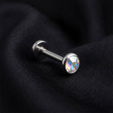 Detail View 1 of Implant Grade Titanium OneFit Threadless Flat Round Gem Sparkle Top Flat Back Stud Labret-Aurora Borealis