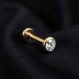 Detail View 1 of Implant Grade Titanium OneFit Threadless Golden Flat Round Gem Sparkle Top Flat Back Stud Labret-Clear Gem