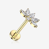 Implant Grade Titanium OneFit Threadless Golden Lotus Flower Sparkle Top Flat Back Stud Labret-Clear Gem