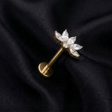Detail View 1 of Implant Grade Titanium OneFit Threadless Golden Lotus Flower Sparkle Top Flat Back Stud Labret-Clear Gem