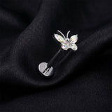 Detail View 1 of Implant Grade Titanium OneFit Threadless Butterfly Sparkle Top Flat Back Stud Labret-Aurora Borealis