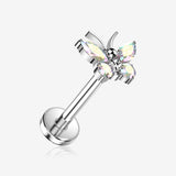 Implant Grade Titanium OneFit Threadless Butterfly Sparkle Top Flat Back Stud Labret-Aurora Borealis