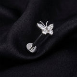 Detail View 1 of Implant Grade Titanium OneFit Threadless Butterfly Sparkle Top Flat Back Stud Labret-Clear Gem