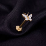 Detail View 1 of Implant Grade Titanium OneFit Threadless Golden Butterfly Sparkle Top Flat Back Stud Labret-Clear Gem