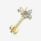 Implant Grade Titanium OneFit Threadless Golden Butterfly Sparkle Top Flat Back Stud Labret-Clear Gem