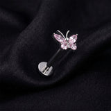 Detail View 1 of Implant Grade Titanium OneFit Threadless Butterfly Sparkle Top Flat Back Stud Labret-Pink