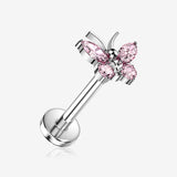 Implant Grade Titanium OneFit Threadless Butterfly Sparkle Top Flat Back Stud Labret-Pink