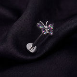 Detail View 1 of Implant Grade Titanium OneFit Threadless Butterfly Sparkle Top Flat Back Stud Labret-Vitrail Medium
