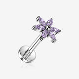 Implant Grade Titanium OneFit Threadless Marquise Flower Sparkle Top Flat Back Stud Labret-Amethyst