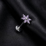 Detail View 1 of Implant Grade Titanium OneFit Threadless Marquise Flower Sparkle Top Flat Back Stud Labret-Amethyst