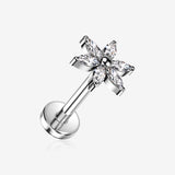 Implant Grade Titanium OneFit Threadless Marquise Flower Sparkle Top Flat Back Stud Labret-Clear Gem