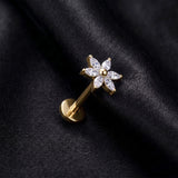 Detail View 1 of Implant Grade Titanium OneFit Threadless Golden Marquise Flower Sparkle Top Flat Back Stud Labret-Clear Gem